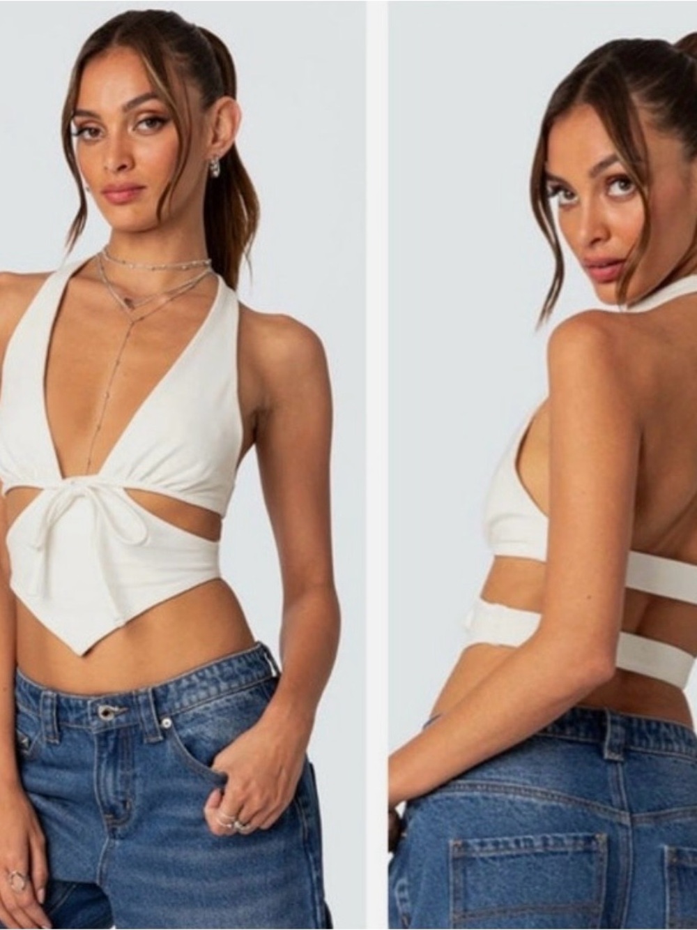 Edikted White Tie-Front Halter Crop Top